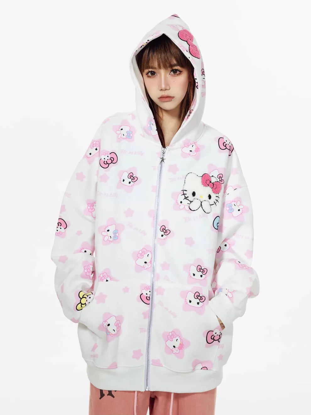 Hello Kitty Oversized Zip-Up Hoodie – Casual Y2K Sweatshirt