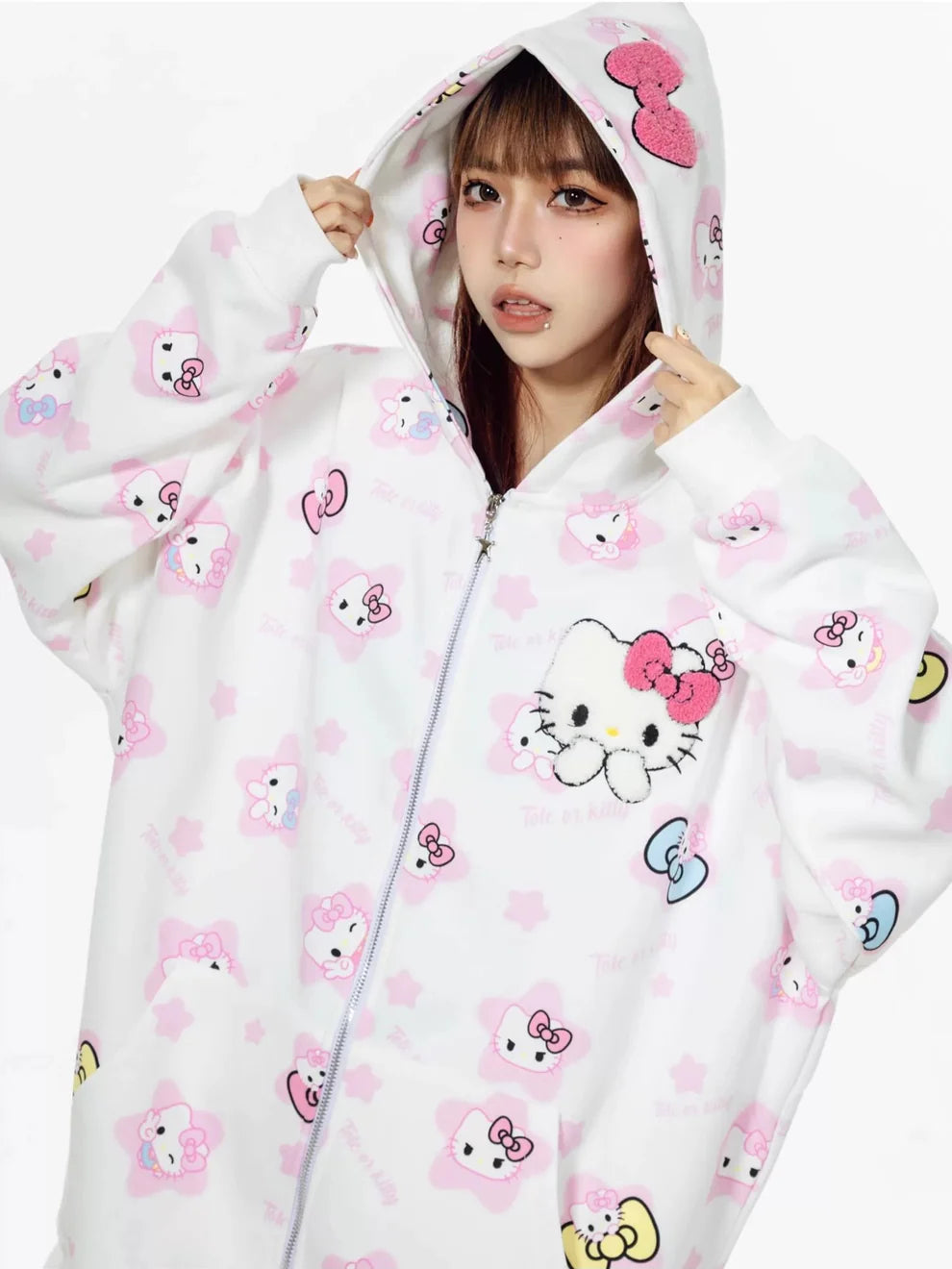 Hello Kitty Oversized Zip-Up Hoodie – Casual Y2K Sweatshirt