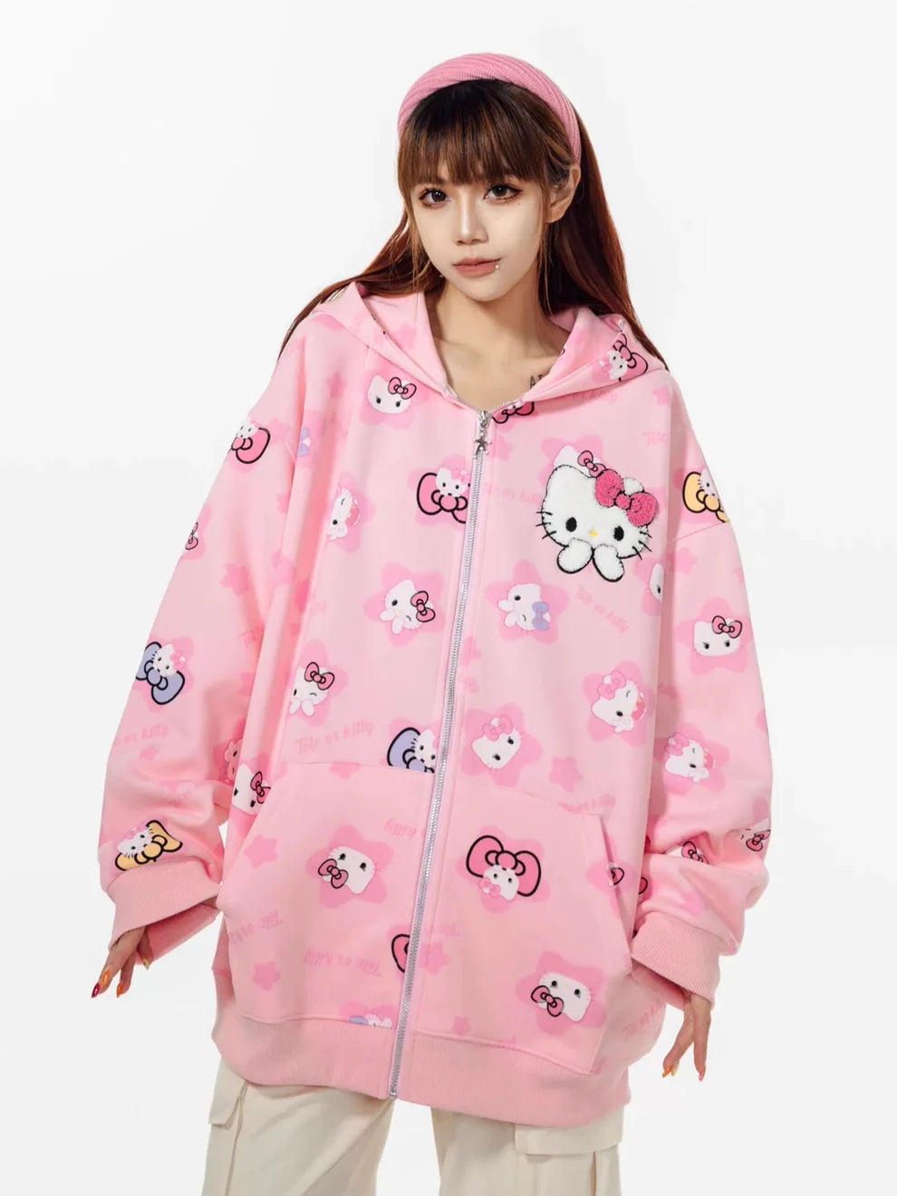 Hello Kitty Oversized Zip-Up Hoodie – Casual Y2K Sweatshirt
