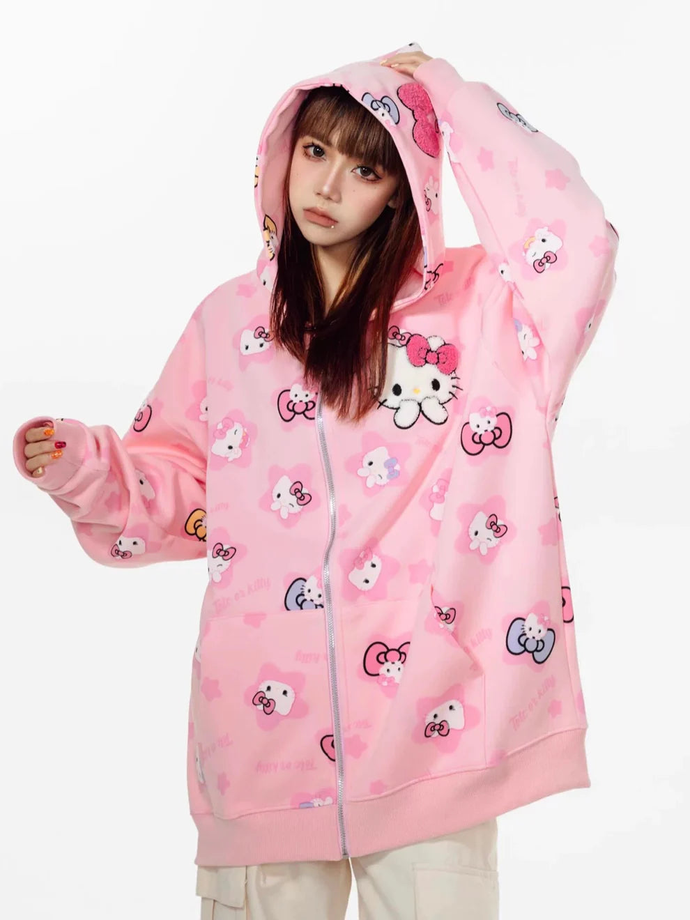 Hello Kitty Oversized Zip-Up Hoodie – Casual Y2K Sweatshirt
