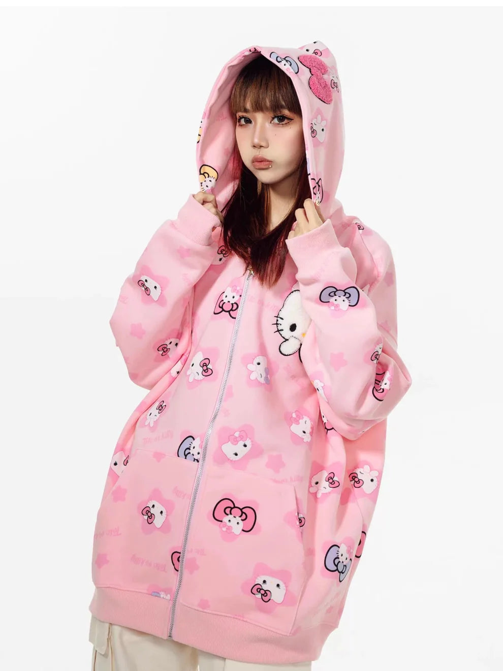 Hello Kitty Oversized Zip-Up Hoodie – Casual Y2K Sweatshirt