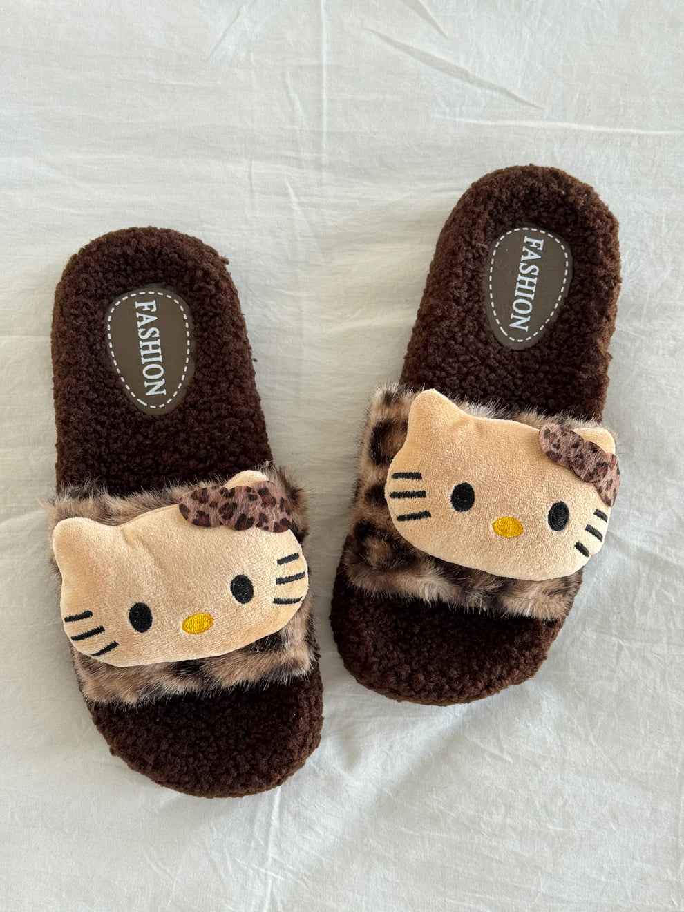 Cute Hello Kitty Leopard Slides – Soft Fluffy Slippers