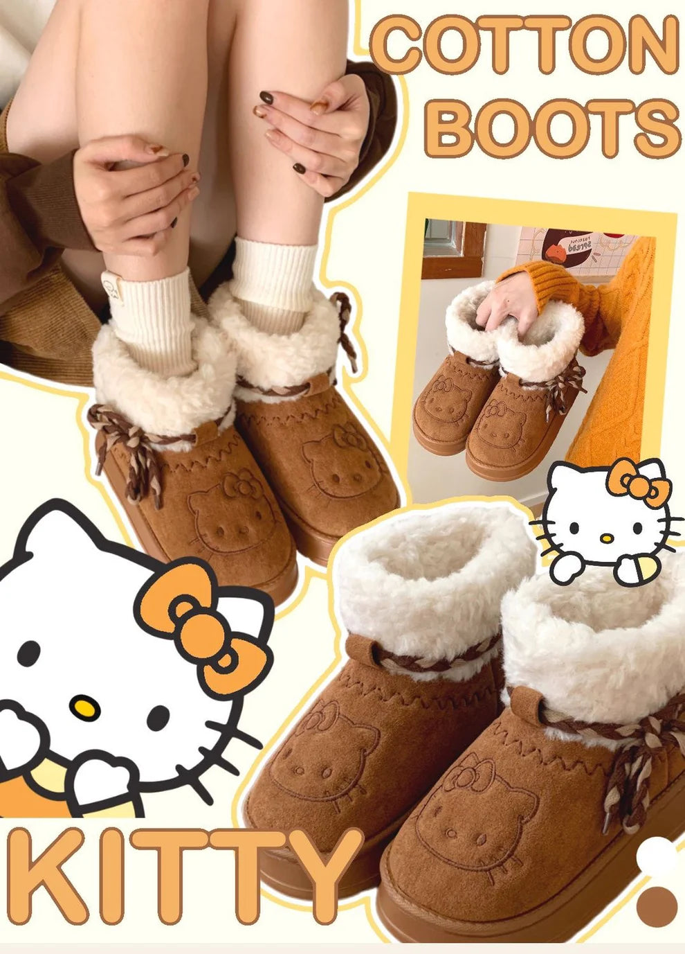 Hello Kitty Fluffy Winter Boots – Cute Pompon Lace-Up Snow Shoes