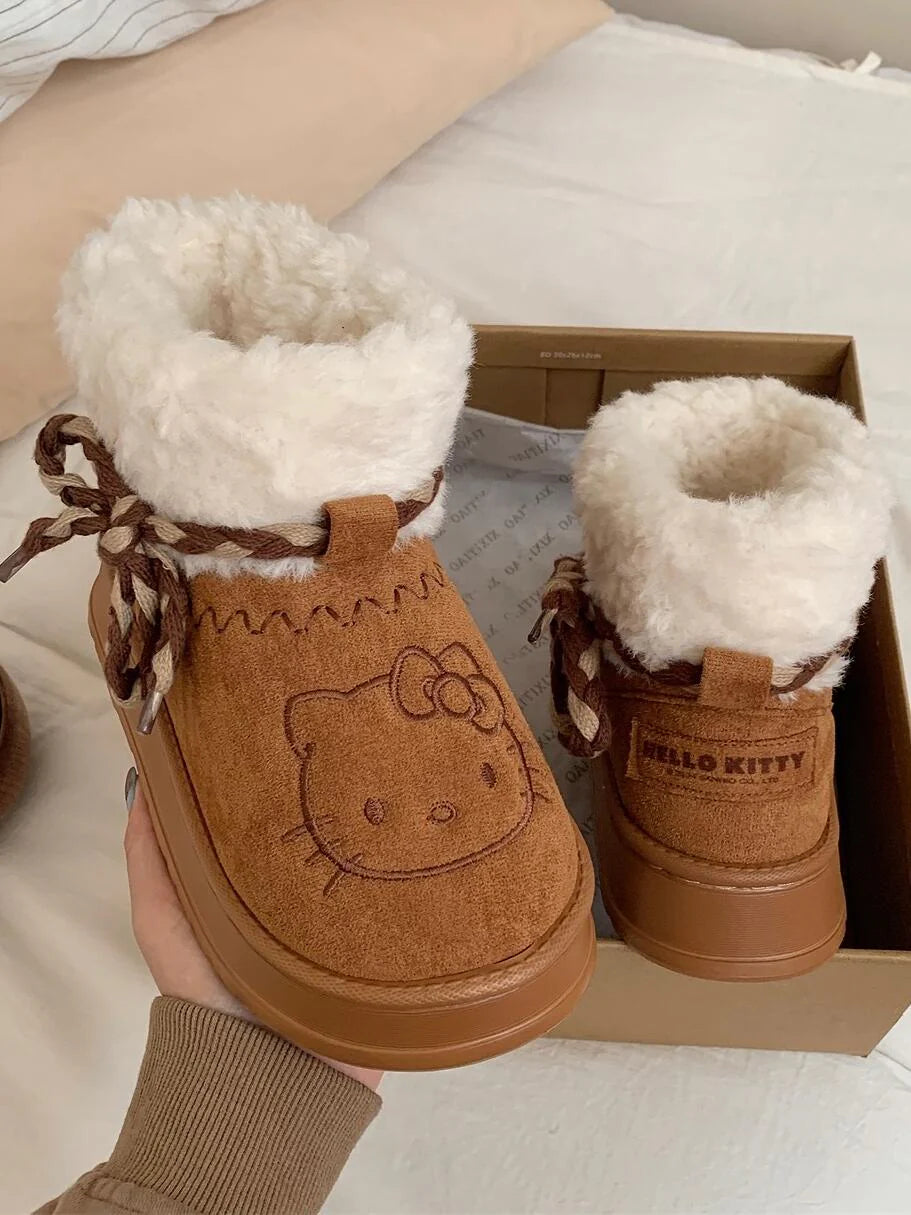 Hello Kitty Fluffy Winter Boots – Cute Pompon Lace-Up Snow Shoes