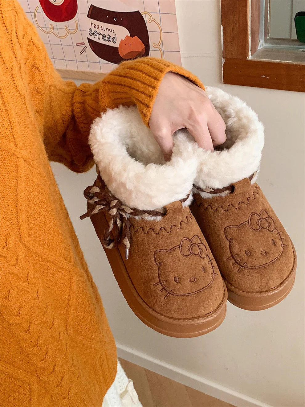 Hello Kitty Fluffy Winter Boots – Cute Pompon Lace-Up Snow Shoes