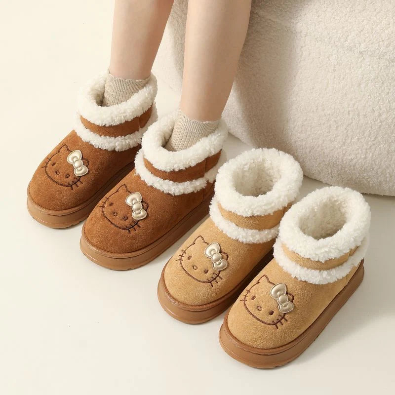 Hello Kitty Fluffy Winter Boots – Pompon Lace-Up Snow Shoes