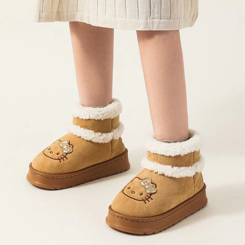 Hello Kitty Fluffy Winter Boots – Pompon Lace-Up Snow Shoes