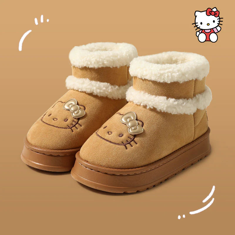 Hello Kitty Fluffy Winter Boots – Pompon Lace-Up Snow Shoes