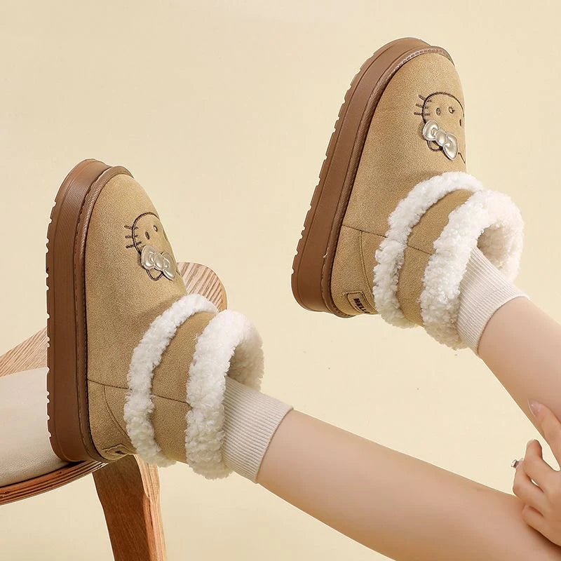 Hello Kitty Fluffy Winter Boots – Pompon Lace-Up Snow Shoes