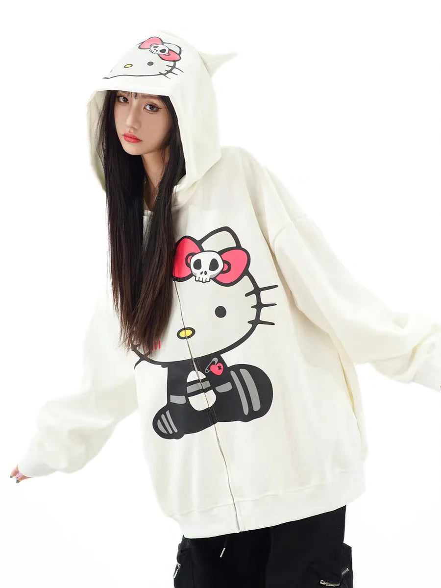 KT Oversized Zip-Up Hoodie – Casual Y2K Sweatshirt with Pocket