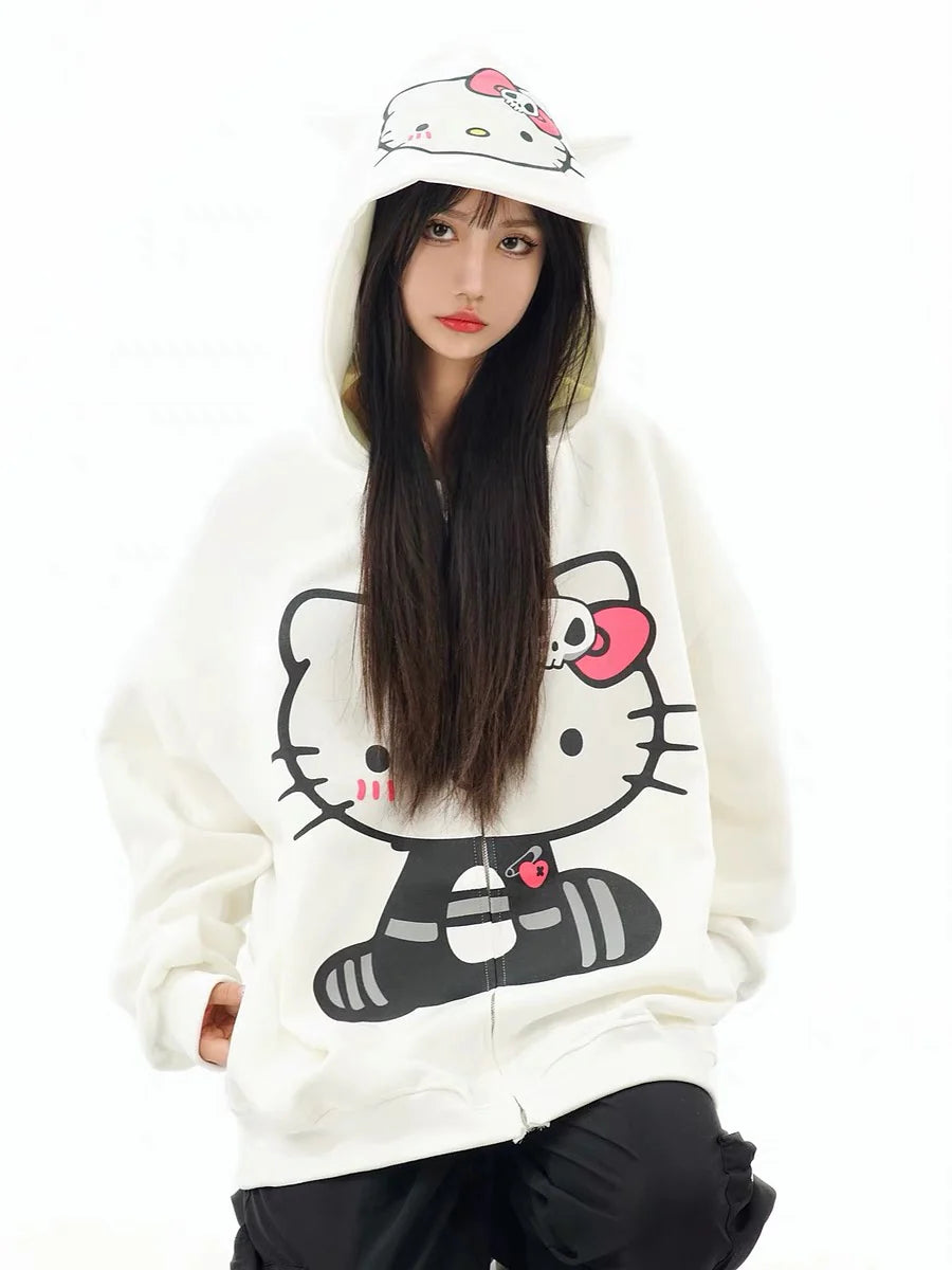 KT Oversized Zip-Up Hoodie – Casual Y2K Sweatshirt with Pocket