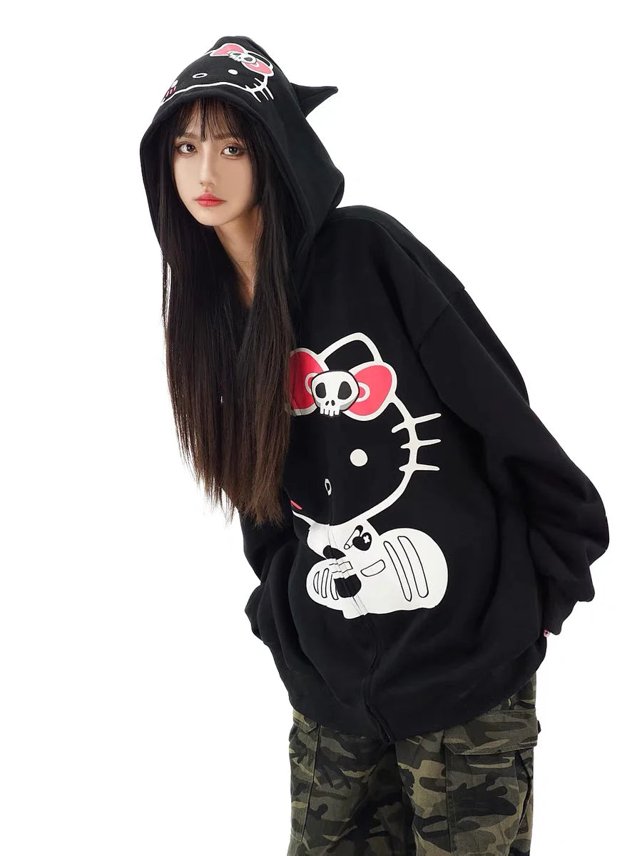 KT Oversized Zip-Up Hoodie – Casual Y2K Sweatshirt with Pocket
