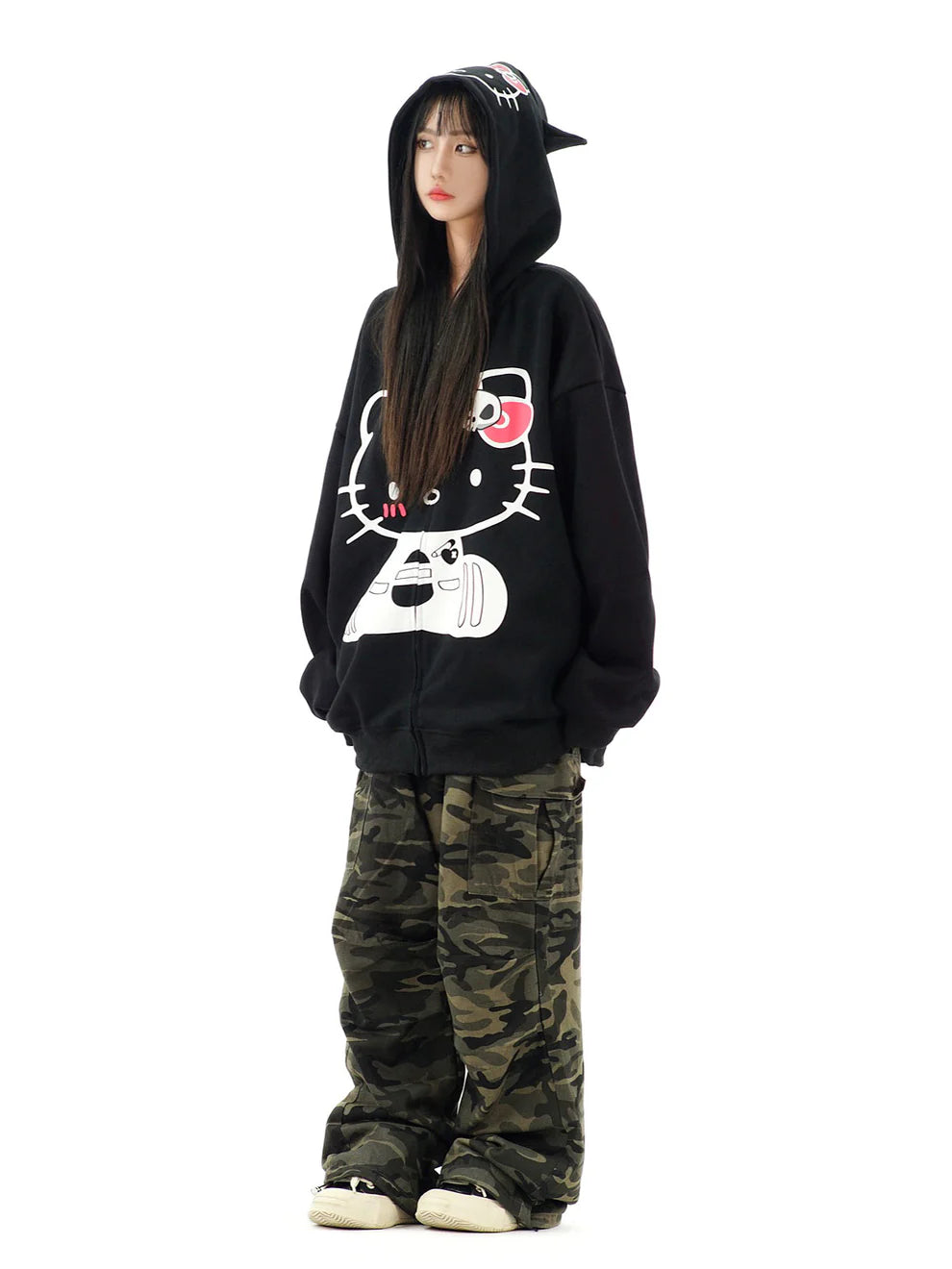 KT Oversized Zip-Up Hoodie – Casual Y2K Sweatshirt with Pocket