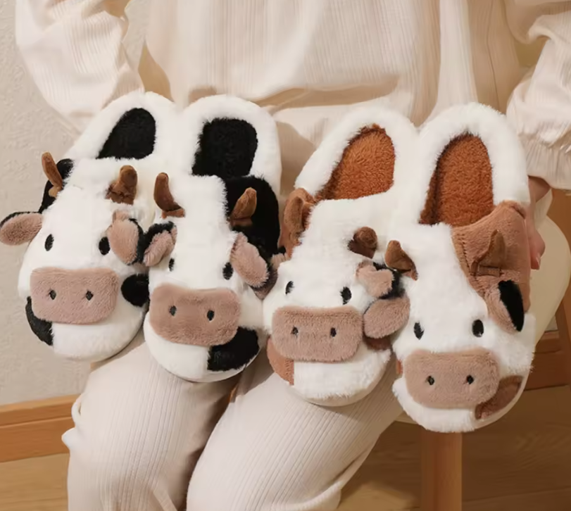 New Winter Unisex Cartoon Cow Warm Plush Slippers Couple's Indoor