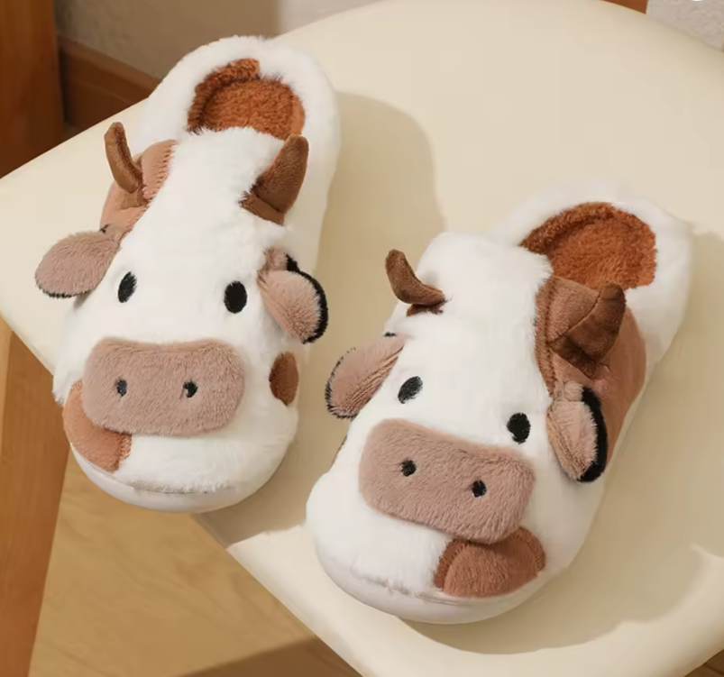 New Winter Unisex Cartoon Cow Warm Plush Slippers Couple's Indoor