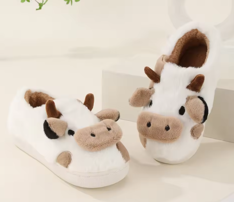 New Winter Unisex Cartoon Cow Warm Plush Slippers Couple's Indoor