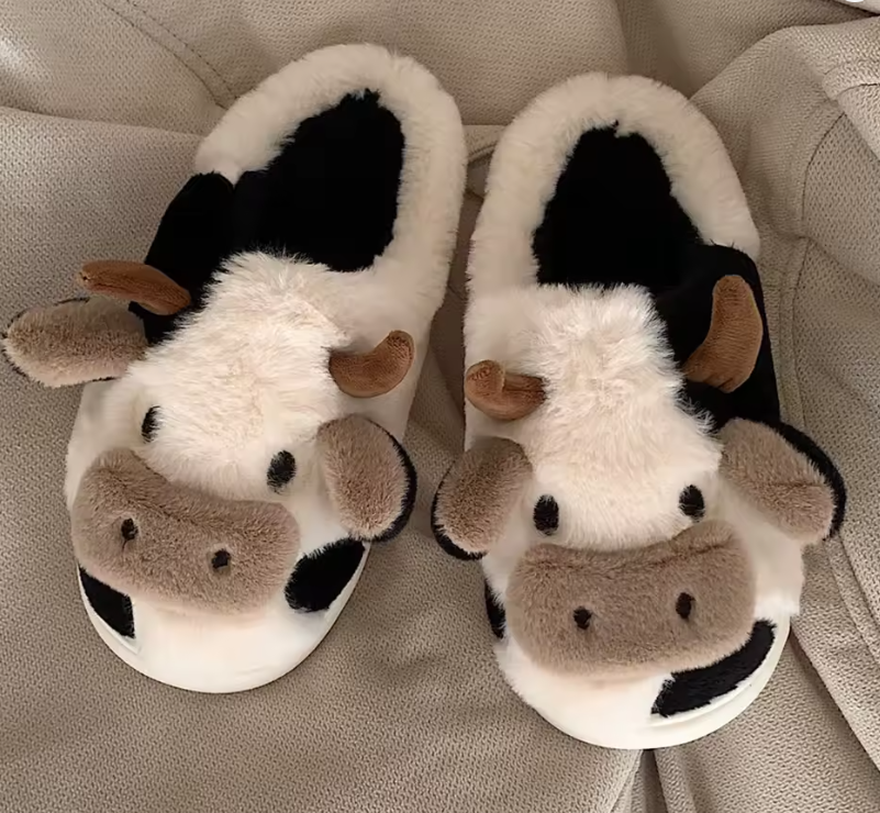 New Winter Unisex Cartoon Cow Warm Plush Slippers Couple's Indoor