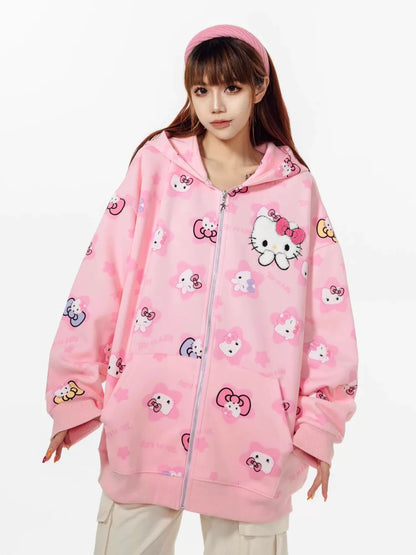 Hello Kitty Oversized Zip-Up Hoodie – Casual Y2K Sweatshirt