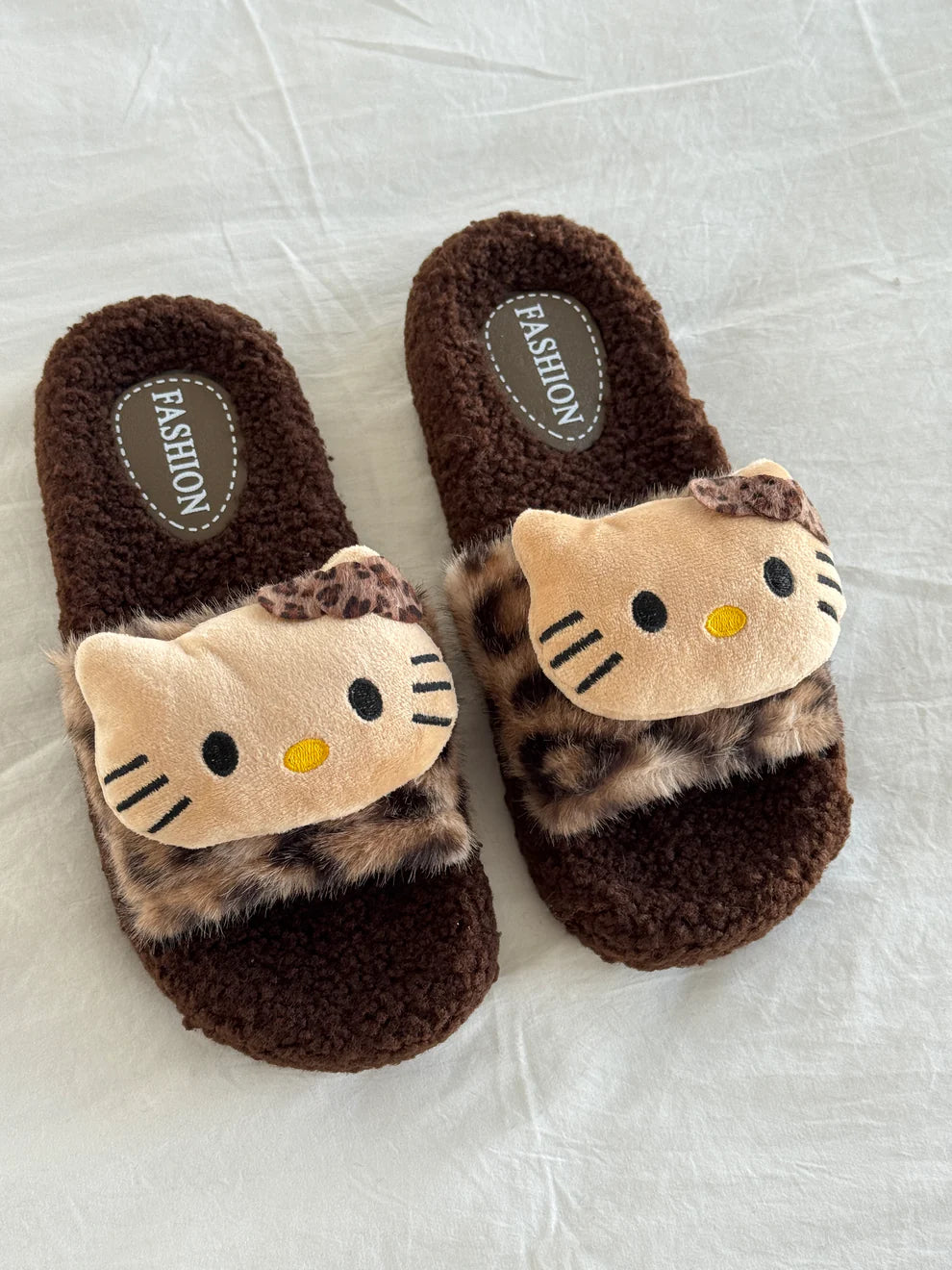Cute Hello Kitty Leopard Slides – Soft Fluffy Slippers