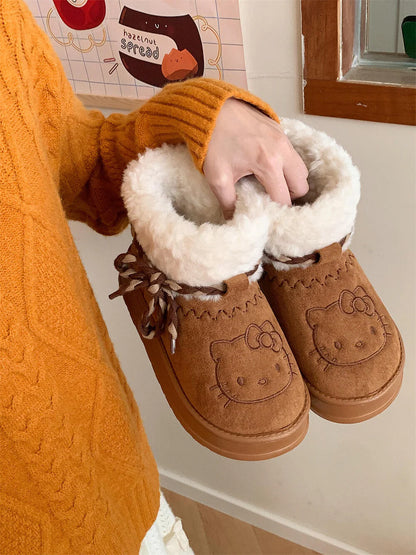 Hello Kitty Fluffy Winter Boots – Cute Pompon Lace-Up Snow Shoes