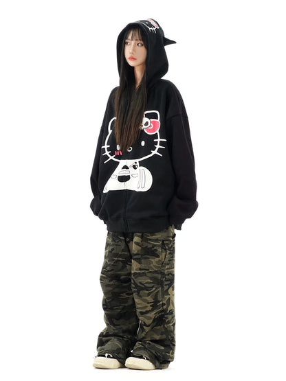 KT Oversized Zip-Up Hoodie – Casual Y2K Sweatshirt with Pocket