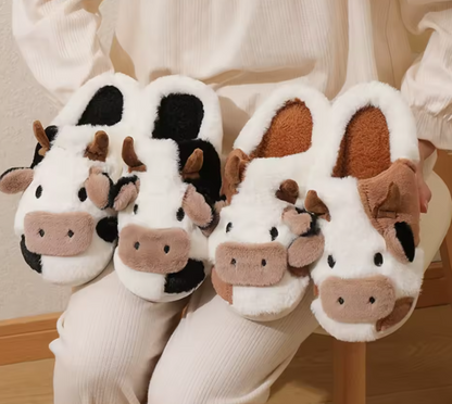 New Winter Unisex Cartoon Cow Warm Plush Slippers Couple's Indoor