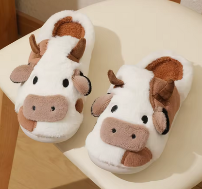 New Winter Unisex Cartoon Cow Warm Plush Slippers Couple's Indoor