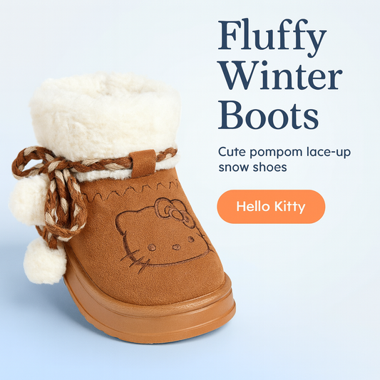 Hello Kitty Fluffy Winter Boots – Cute Pompon Lace-Up Snow Shoes