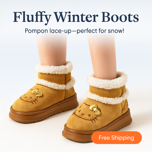 Hello Kitty Fluffy Winter Boots – Pompon Lace-Up Snow Shoes