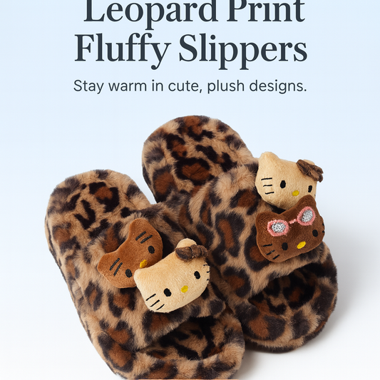 Hellokitty Leopard Print Cute Plush High-Heeled Fluffy Slippers
