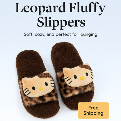 Cute Hello Kitty Leopard Slides – Soft Fluffy Slippers