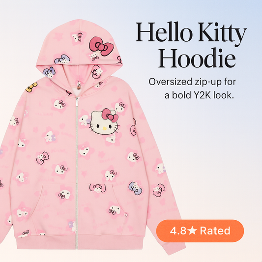 Hello Kitty Oversized Zip-Up Hoodie – Casual Y2K Sweatshirt